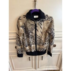 Neiman Marcus 100% Cashmere Full Zip Animal Print Black Size Small Soft Designer